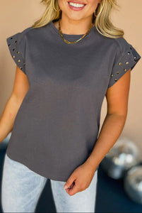 Charcoal Studded Short Sleeve Top