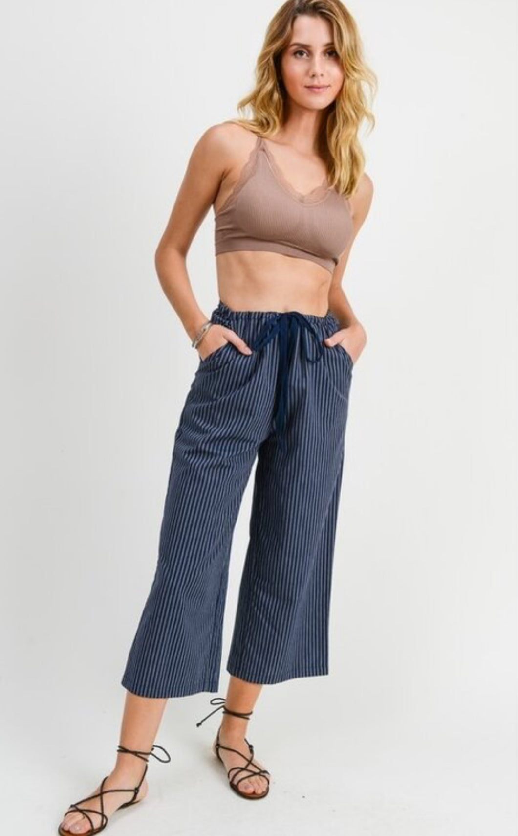 Navy Stripe Cropped Pants