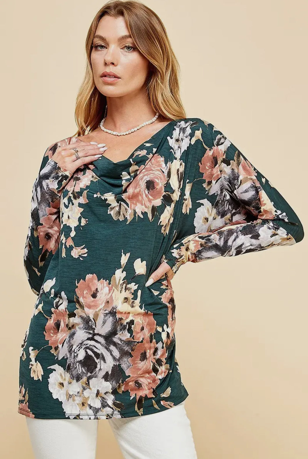 Teal Floral Scoop Neck Top