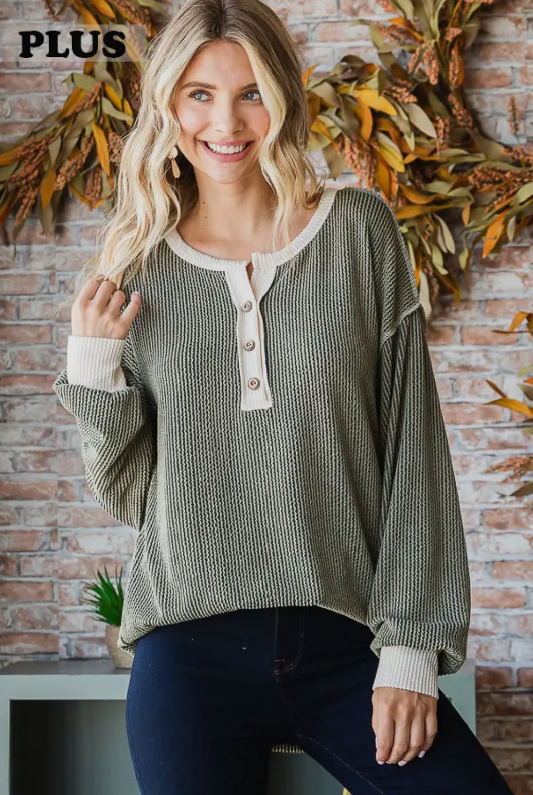 Plus Olive Ribbed Top