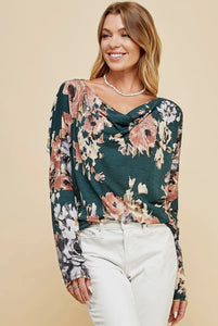 Teal Floral Scoop Neck Top