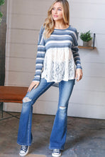 Load image into Gallery viewer, Blue Stripe Ivory Lace Top
