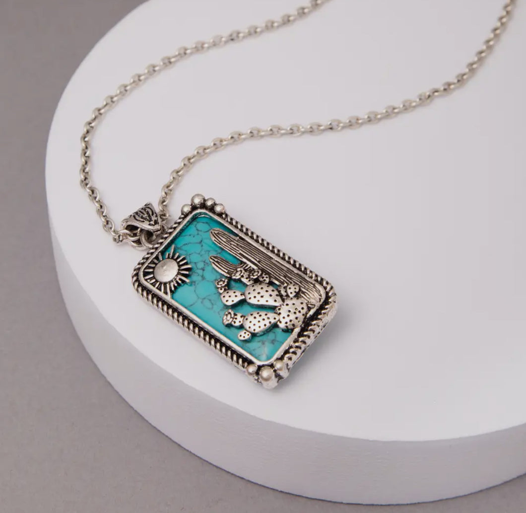 Western Turquoise Cactus Bar Necklace