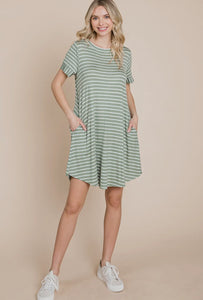 Sage Stripe Button Detail Dress
