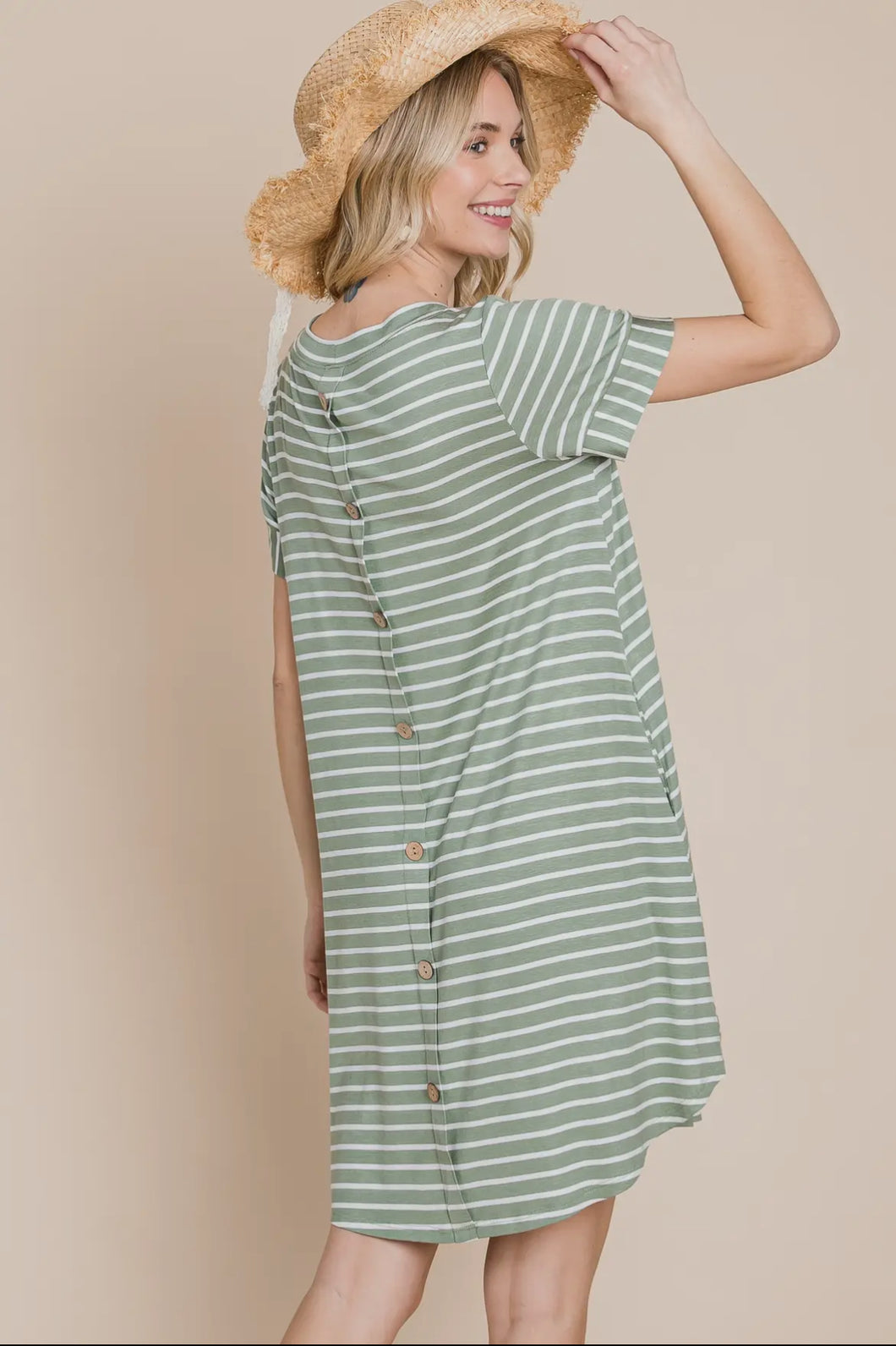 Sage Stripe Button Detail Dress