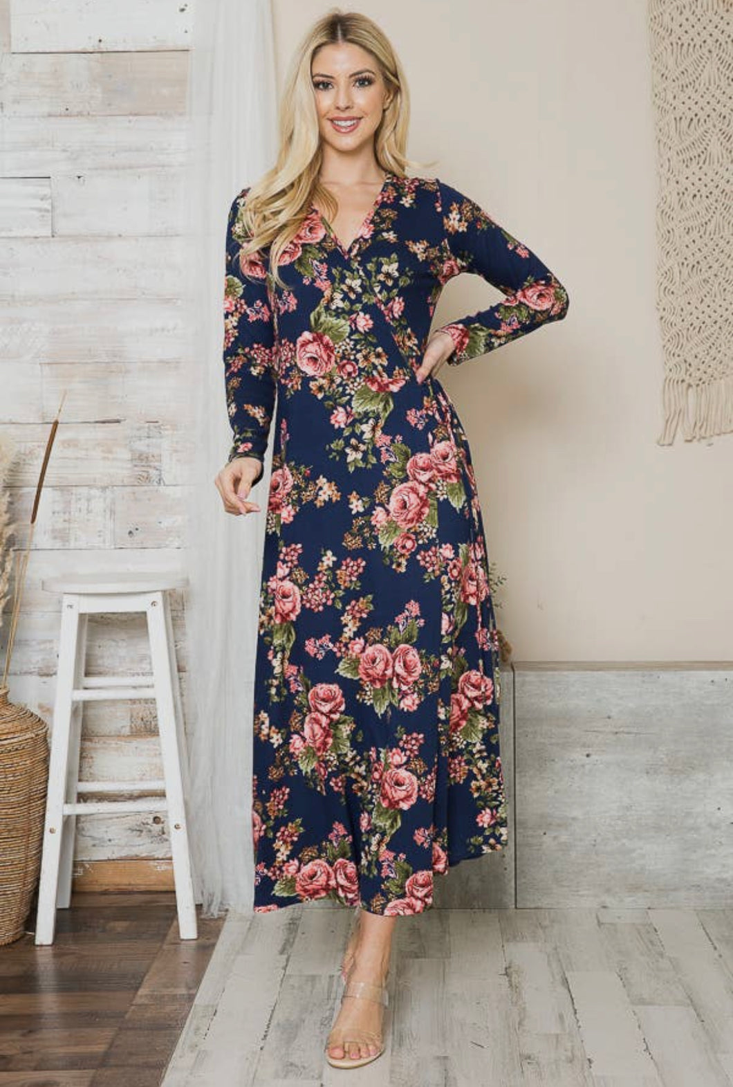 Navy Floral Wrap Maxi Dress The Glam Gal Boutique