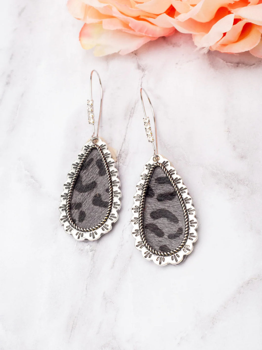 Grey Leopard Tear Drop Earrings